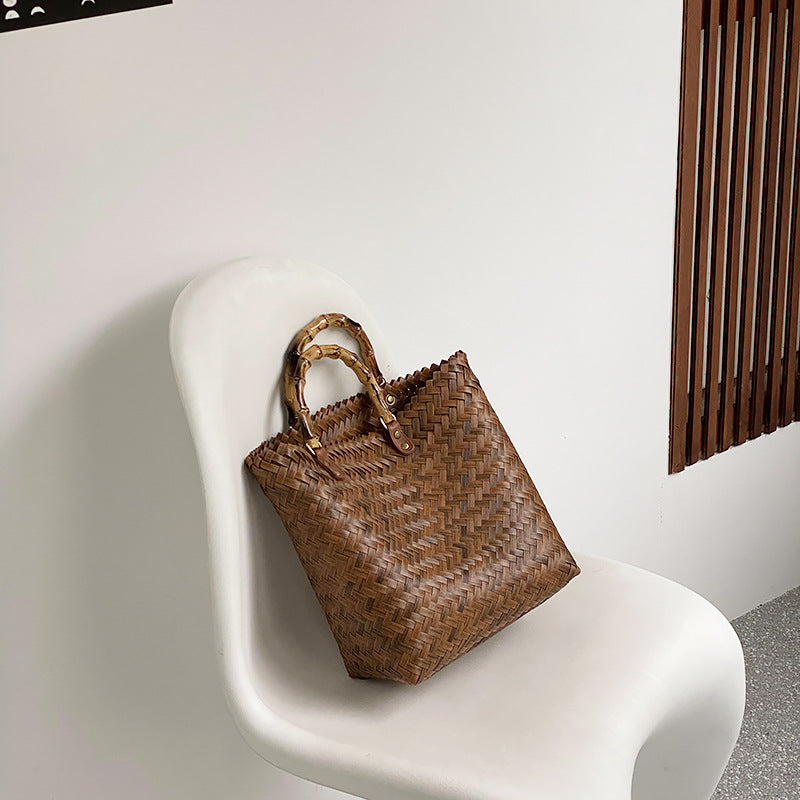Large Rattan Beach Tote Bag with Bamboo Handles