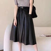 High Waist Black Leather Midi Skirt with Belt Pleated Design