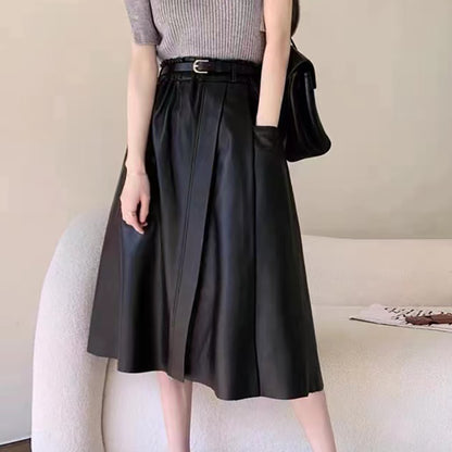 High Waist Black Leather Midi Skirt with Belt Pleated Design