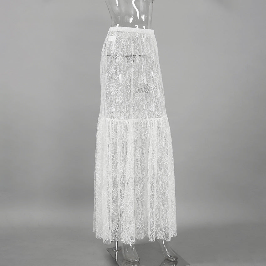 Women’s White Lace High Waist Midi Skirt