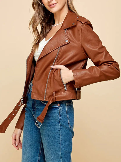 Women PU Cropped Leather Biker Jacket