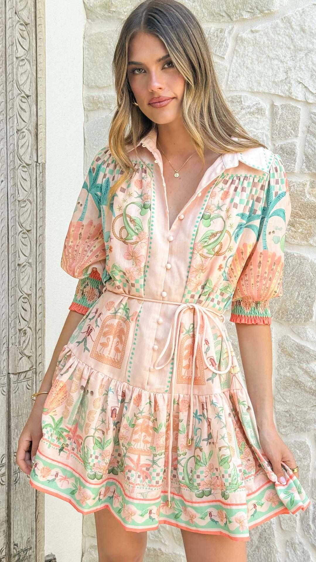 Linen floral print waist tie short dress 2 S