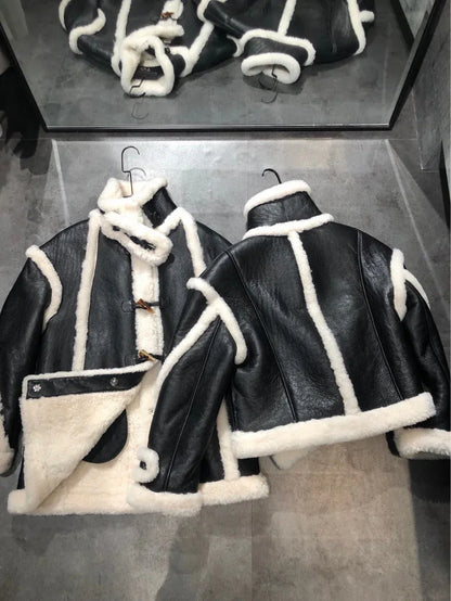 Shearling Leather Bomber Jacket With Fur Collar