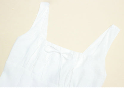 White linen a line midi sundress square neck summer