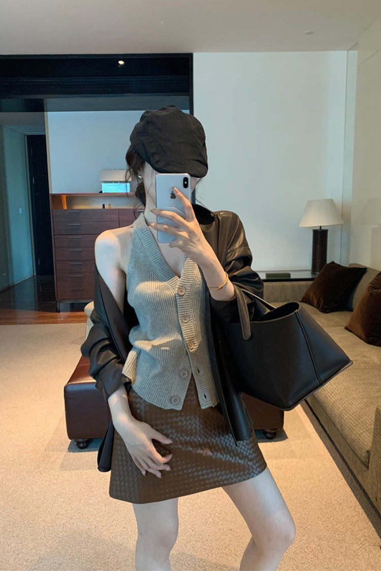 Genuine Black Leather Mini Skirt High Waisted Woven A-Line
