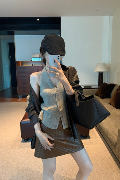 Genuine Black Leather Mini Skirt High Waisted Woven A-Line