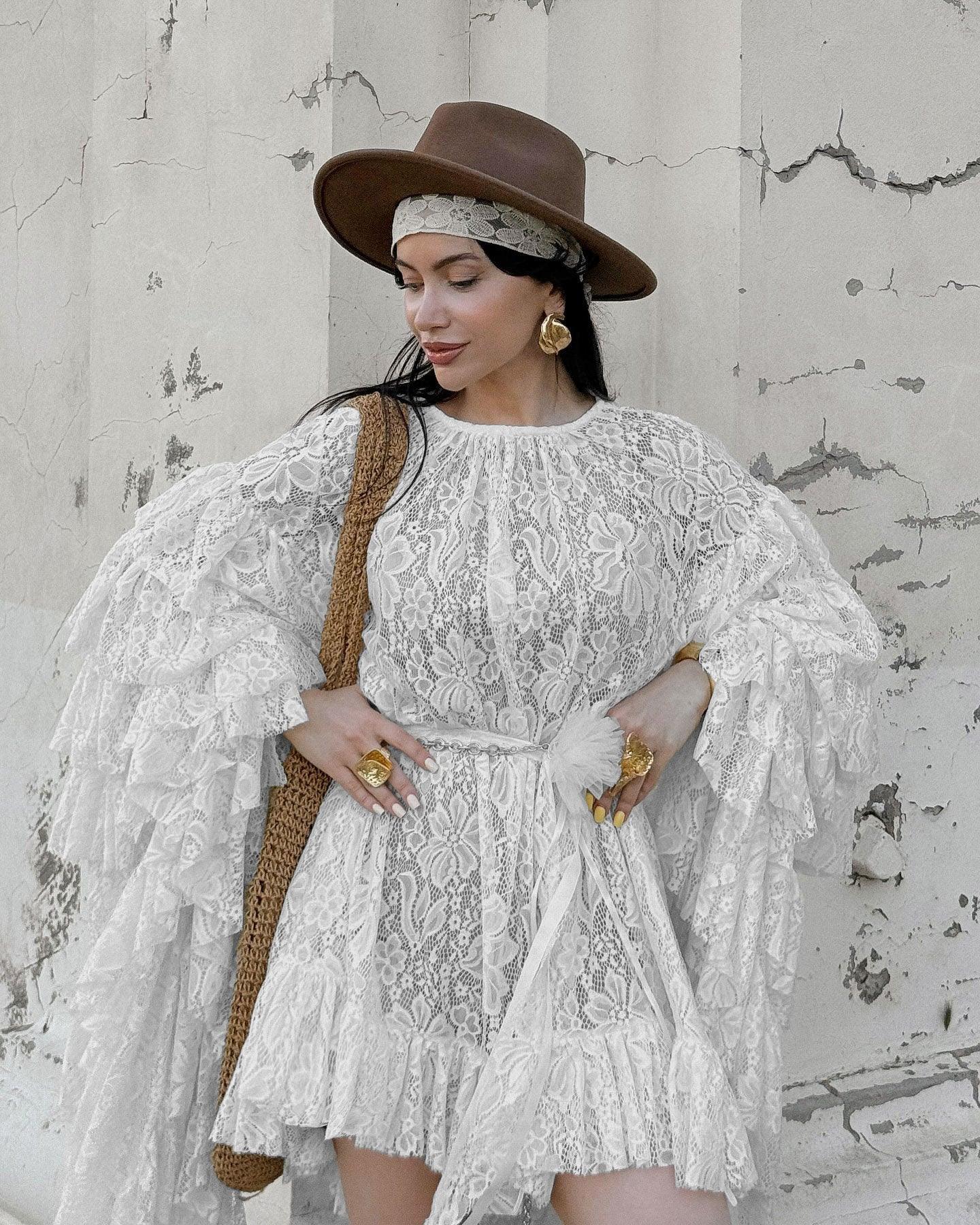 Sheer lace ruffle long sleeve mini dress