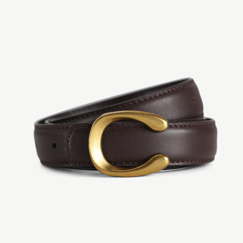 Women’s Black Leather Belt with Slim Gold C Buckle