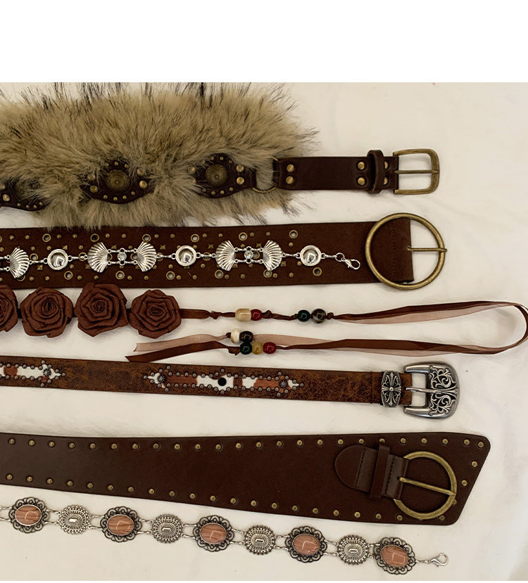 Retro western rivet belt women brown waist chain floral design