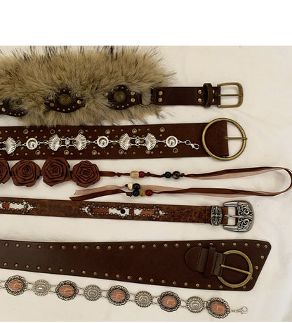 Retro western rivet belt women brown waist chain floral design
