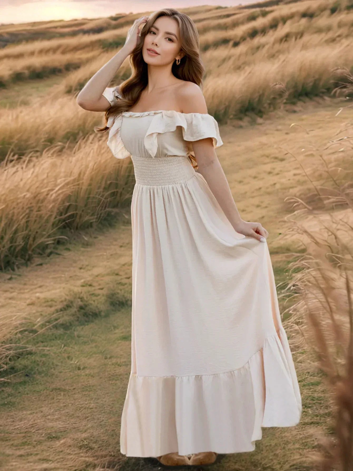 Beige Maxi Dress for Petite Women with Ruffle Sleeves – Boho Living Room