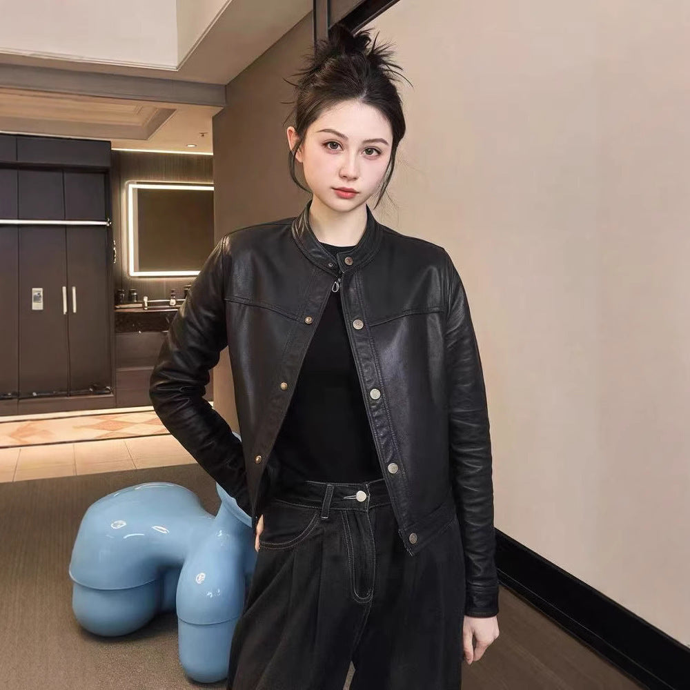 Women slim fit sheepskin biker leather jacket