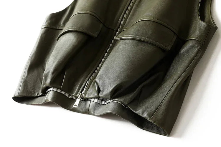 Women Genuine Leather Workwear Vest With Woven Collar