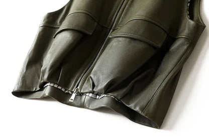 Women Genuine Leather Workwear Vest With Woven Collar