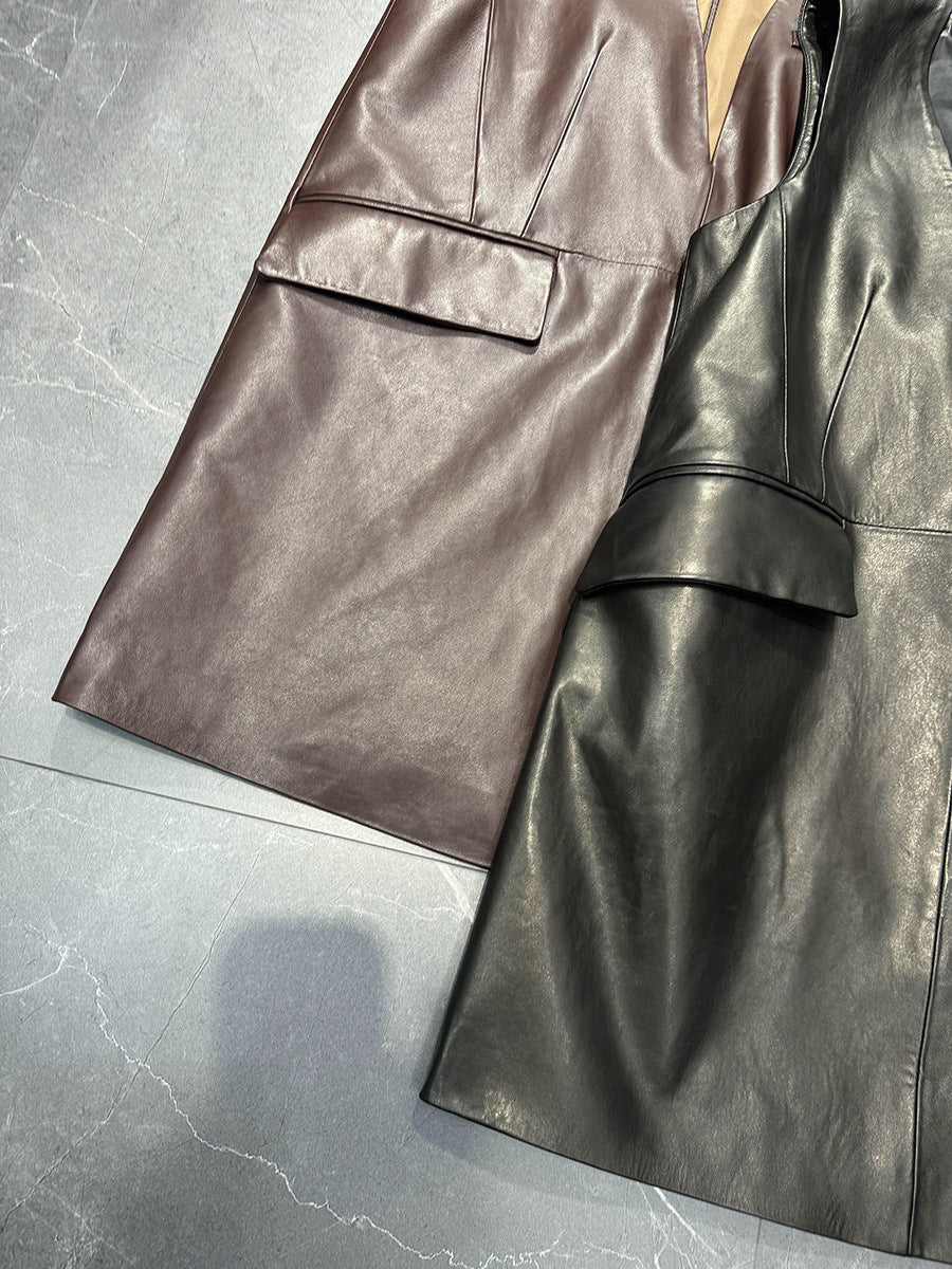 Women Oil-Waxed Genuine Leather V-Neck Vest Dress