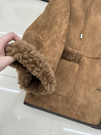Women Shearling Fur Suede Hooded Coat