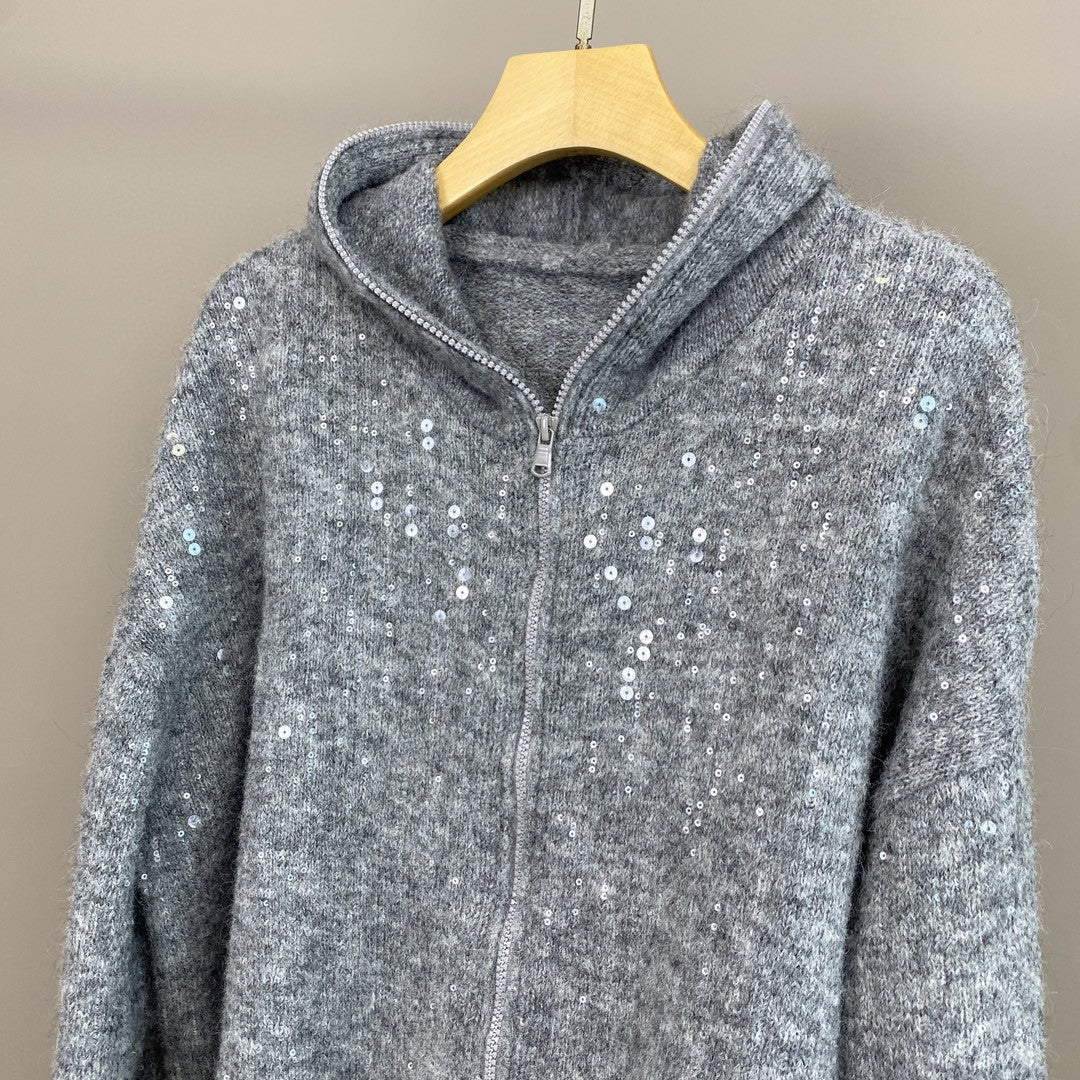 Women Mohair Cashmere Sequin Zip Cardigan Hoodie