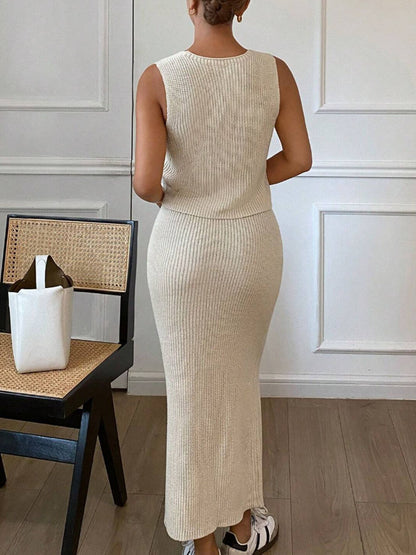 Sleeveless V Neck Button Top with Matching Midi Skirt