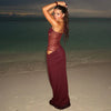 Burgundy lace hollow out slim fit maxi dress