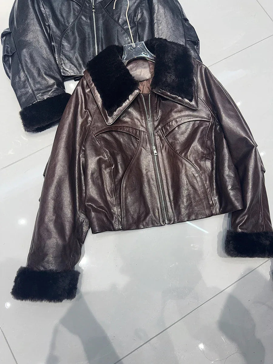 Genuine waxed sheepskin leather jacket with fur