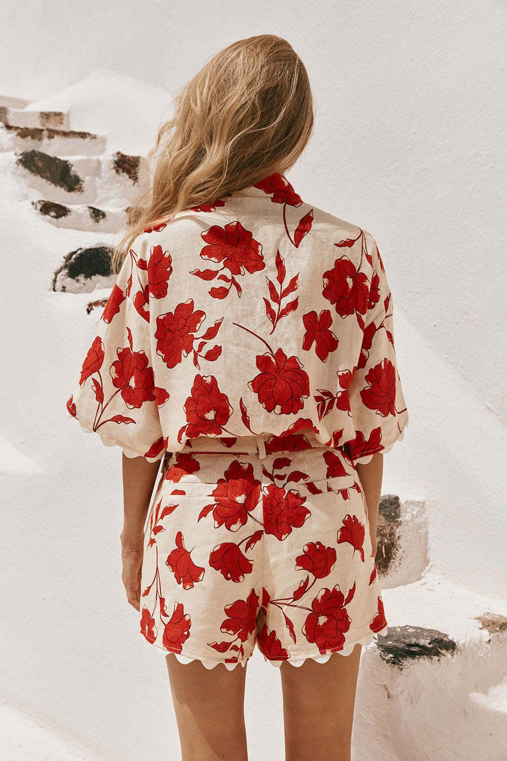 Red floral two piece beach vacation outfit