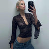 Deep V Lace Top Women Sheer Slim Fit Bell Sleeve Blouse