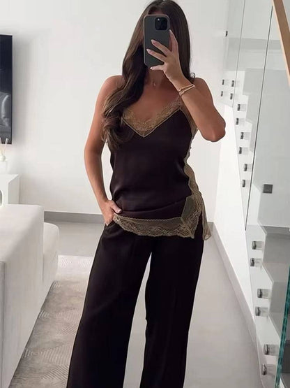 Women satin lace top and wide leg pants set