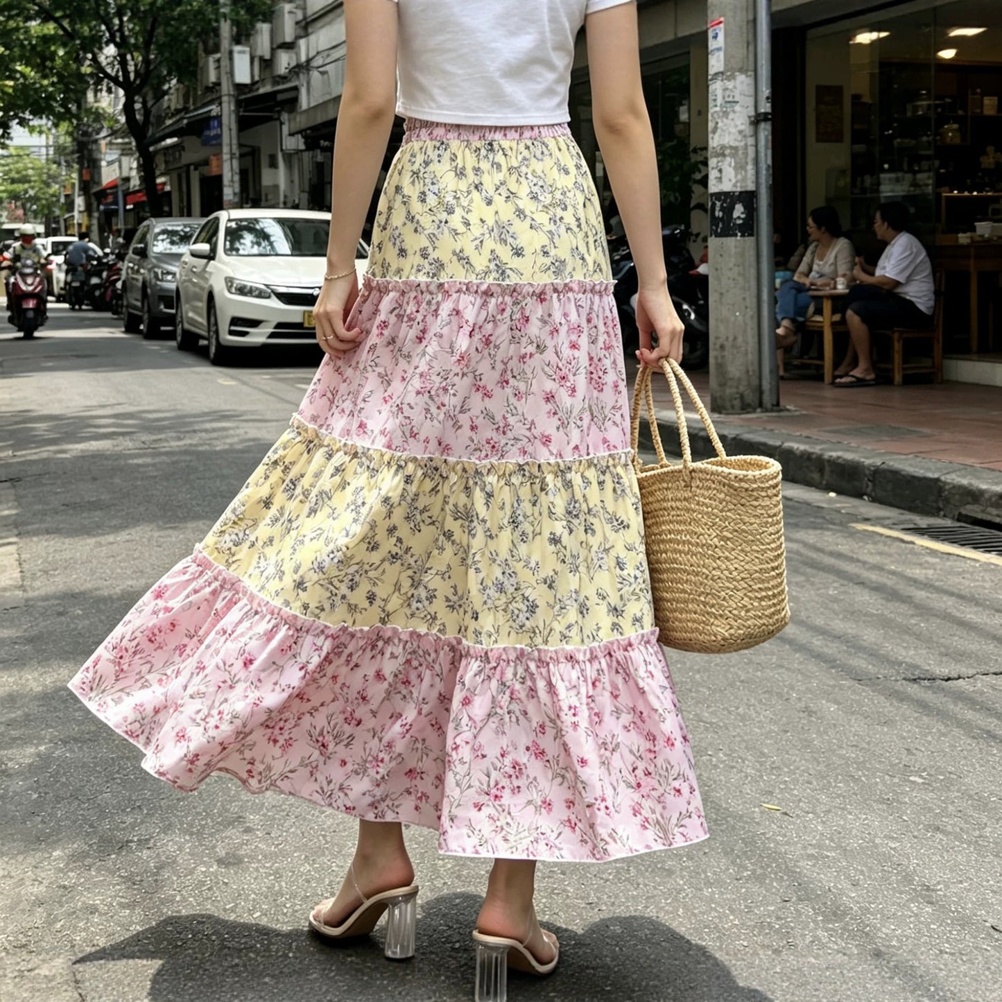 High waist maxi skirt with pink floral tiers