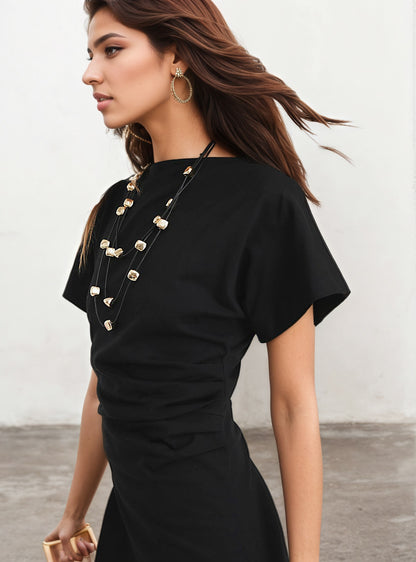 Summer Maxi Dress Draped Waist Short Sleeve
