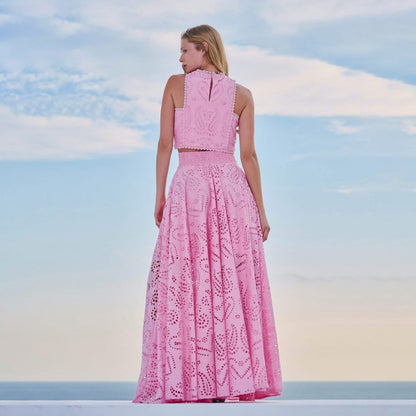 Women’s Lace Embroidered Hollow Two-Piece Midi Skirt Set