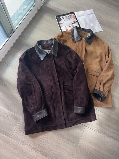 Women’s Goatskin Suede Shirt Jacket with Leather Collar
