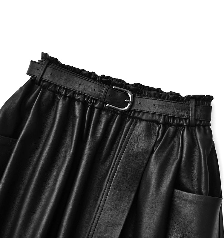 Sheepskin a-line leather midi skirt belt
