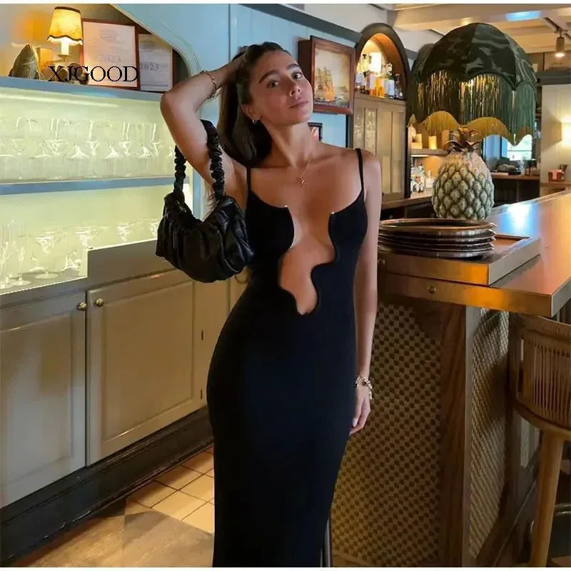 Solid black cutout suspender maxi dress