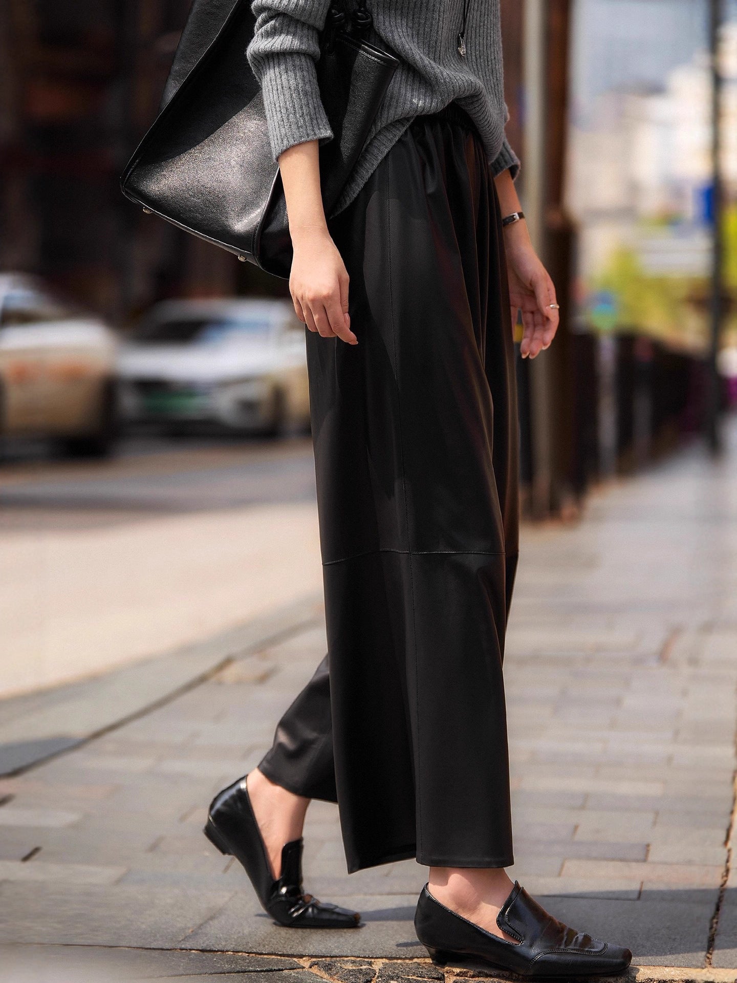 High waist cropped leather wide leg pants