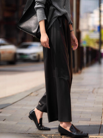 High waist cropped leather wide leg pants