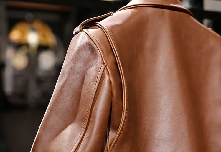 Men’s Oily Brown Waxed Cowhide Biker Jacket