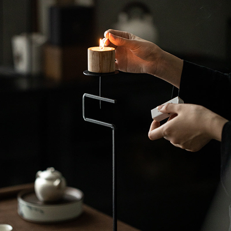 Black Wrought Iron Candle Stand with Wooden Cup – 45 cm