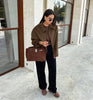 Women Brown Lapel Wool Coat Cropped Loose Fit Zipper Jacket