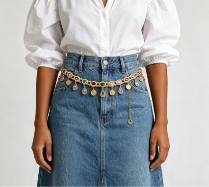 Gold Waist Chain with Multicolor Inlays and Coin Tassels