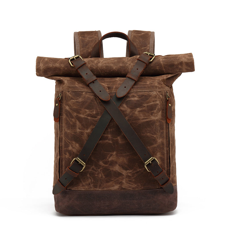 Waxed Canvas Backpack with Genuine Leather and Roll Top Design