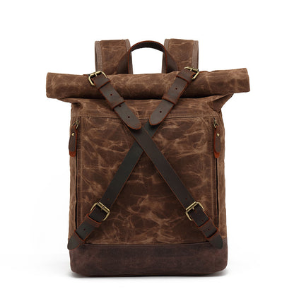 Waxed Canvas Backpack with Genuine Leather and Roll Top Design