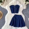 High Waist Denim Two Piece Skirt Set with Bustier Top for Women