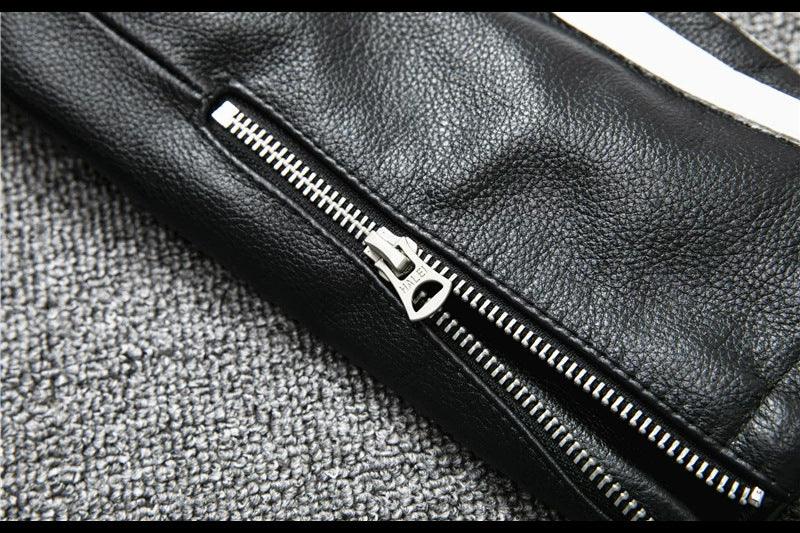 Men’s Genuine Leather Biker Jacket with Racing Stripes