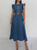 Women’s Denim Dress Midi Ruffled Shoulders