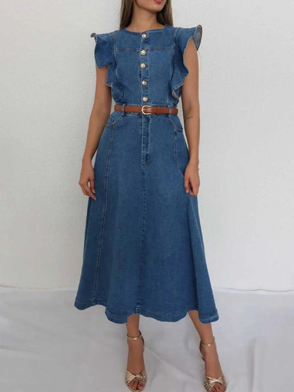 Women’s Denim Dress Midi Ruffled Shoulders