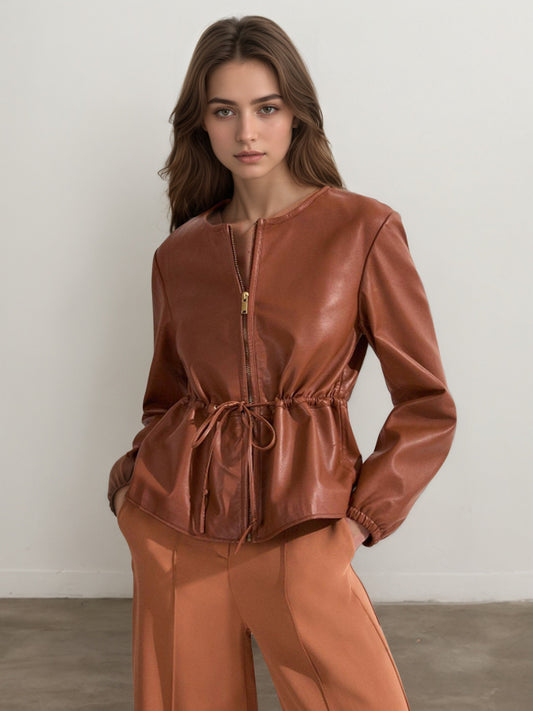 Brown Faux Leather Bomber Jacket for Women with Drawstring Waist