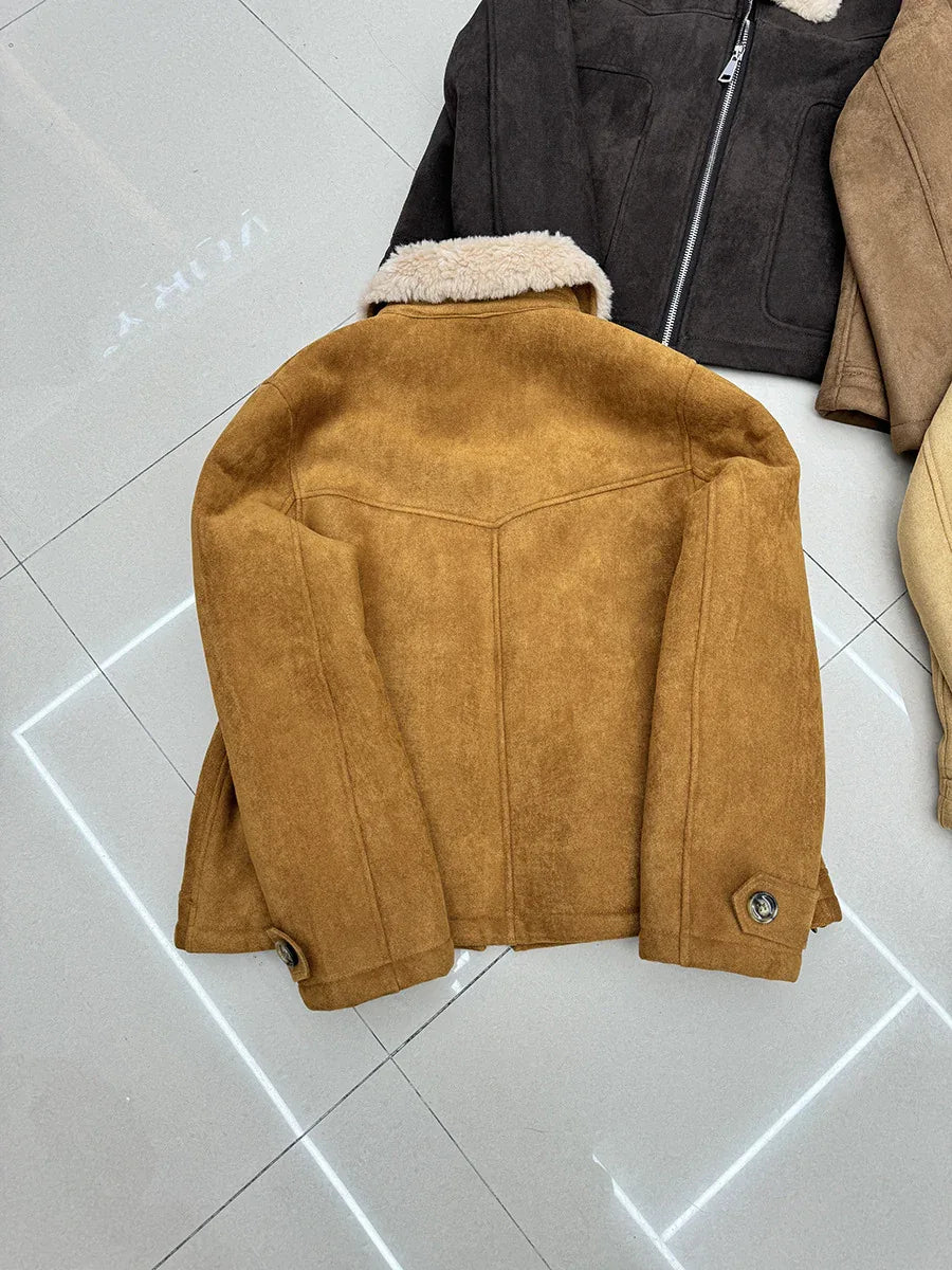 Women’s Suede Lambswool Fur Jacket Winter