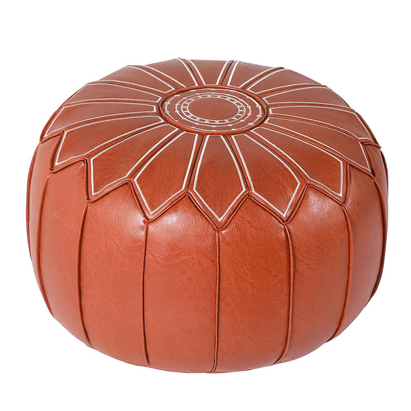 Round Faux Leather Pouf Ottoman Cover with Pumpkin Stitching