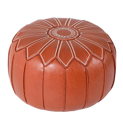 Round Faux Leather Pouf Ottoman Cover with Pumpkin Stitching