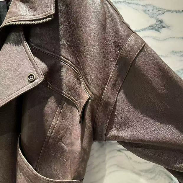 Women Brown Genuine Leather Trench Coat Retro Motorcycle